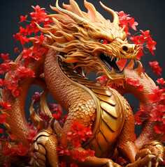 A 3D red gold dragon zodiac statue stands majestically in front of a temple, embodying strength and prosperity in a vibrant display of cultural symbolism