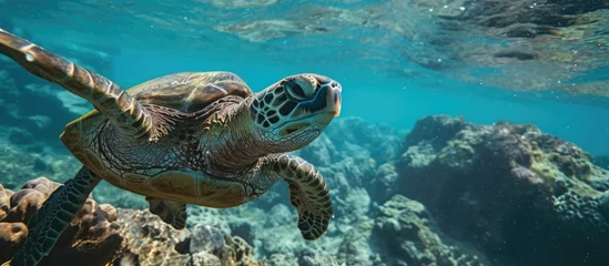 Keuken spatwand met foto Hawaii's green sea turtles swimming in the ocean. © 2rogan