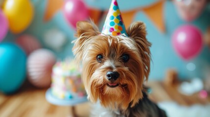 Cute Yorkshire terrier dog in a birthday cap sits near the cake on a minimalistic bright background