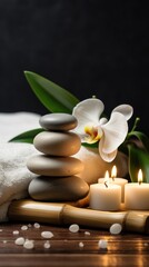 Obraz na płótnie Canvas A Spa and health care services Decorated with candles, spa stones and salt on a wooden background. White towels with bamboo sticks and candles for relaxing spa massages and body treatments.
