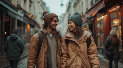 A young and happy couple walks down the street holding hands in city