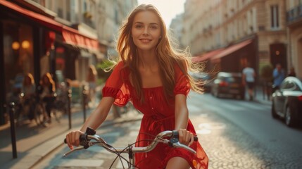 A young beautiful girl rides a bright bicycle in red satin dress along a summer street in city