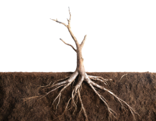 Close up of a root of tree on ground white background no shadow and copy space for text