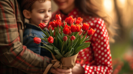 Boy and dad give a bouquet of red tulips to a woman in a red polka dot dress