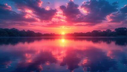 Fototapeta na wymiar a beautiful sunset is captured over a still lake with reflections, in the style of dark pink and light azure