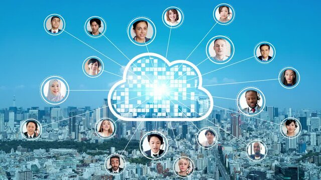 Multinational people communication and cloud computing concept. Human resources management. ERP. Enterprise Resources Planning.