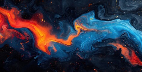 a blue, orange and red pattern on a black background, in the style of quantum