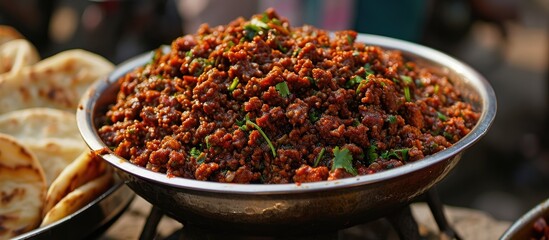 Spicy minced meat dish served with bread at an Indian Ramadan street market in Bengaluru during Iftar party. - obrazy, fototapety, plakaty