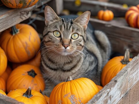 cat with pumpkins behind it