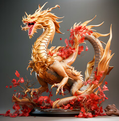 A 3D red gold dragon zodiac statue stands majestically in front of a temple, embodying strength and prosperity in a vibrant display of cultural symbolism