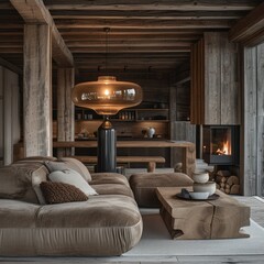 cozy wood table with a lamp, a fireplace and a couch