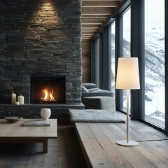 cozy wood table with a lamp, a fireplace and a couch