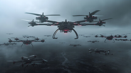 Drones for modern warfare. A swarm of drones in a dark and cloudy sky with red lights