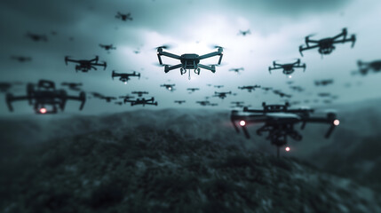 Naklejka premium Drones for modern warfare. A swarm of drones in a dark and cloudy sky with red lights