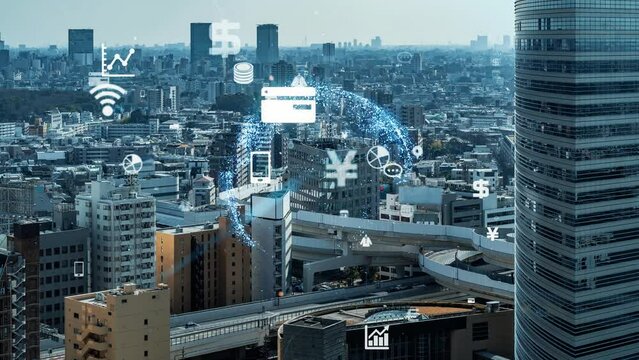 Modern city aerial view and business technology concept. Financial technology. Retail as a service. RaaS. - Powered by Adobe