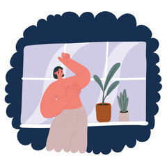 Cartoon vector illustration of Woman hand checking lumps on her breast for signs of brest cancer. Healthy lifestyle concept