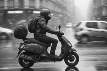 Fototapeta na wymiar man riding a scooter on a busy road