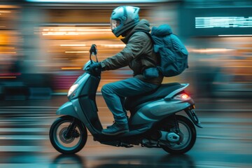 Fototapeta na wymiar man riding a scooter on a busy road