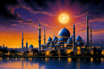Obraz premium Holy Ramadan night sky with Islamic Mosque and full moon background tranquil city wallpaper