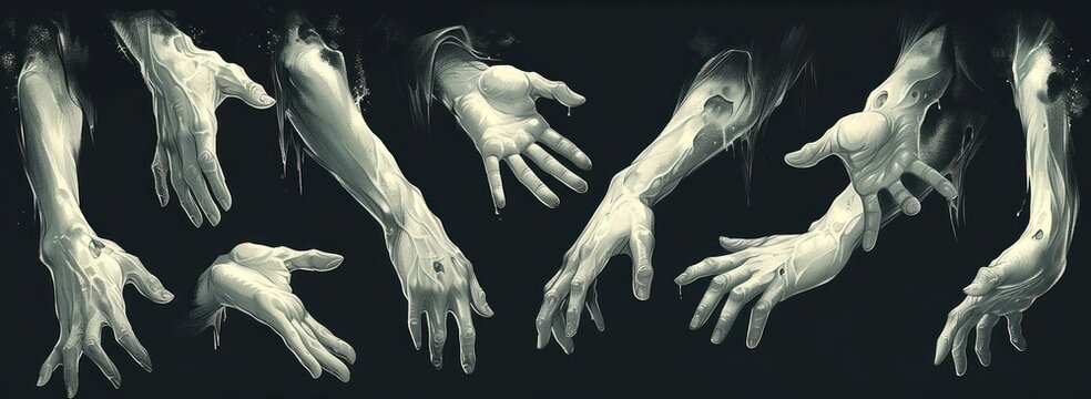 set of slasher style hand vectors, romantic goth, naturalistic shadows