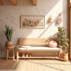  white hallway with a wooden wooden bench with a plant