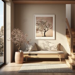  white hallway with a wooden wooden bench with a plant