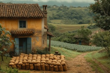  sacks near a house, in the style of historical drama, cinematic elegance