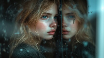young girl is in front of a mirror