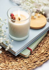 Aromatic candle on the table.