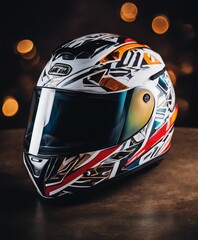motorcycle helmet with colourful patterns isolated dimly lit white background, copy space for text
