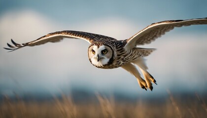 Obraz premium short eared owl portrait while flying on blue sky 