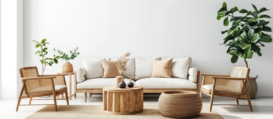 Mockup picture of Scandinavian living room interior with wooden furniture on white wall.