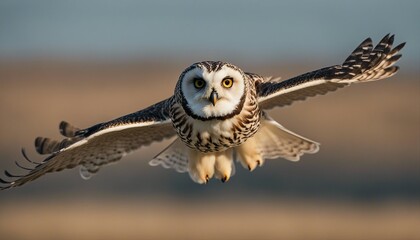 short eared owl portrait while flying on blue sky
