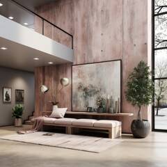 wooden wall and floor with large windows, minimalist nature studies, architectural illustrator