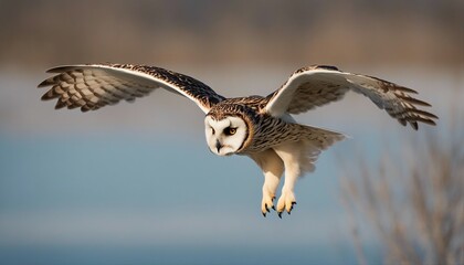 Fototapeta premium short eared owl portrait while flying on blue sky 