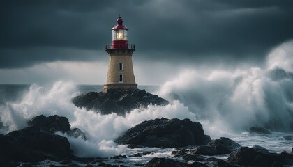 Fototapeta na wymiar a lighthouse on a rocky ground that shines in rainy, lightning and foggy weather amidst huge huge waves 
