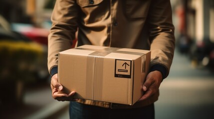 The hands of the delivery man carry the package to deliver. Delivery man's hand holding brown box, transport truck background Detail of a delivery man holding a labeled cardboard package.