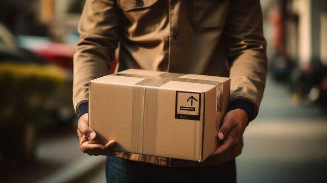 The hands of the delivery man carry the package to deliver. Delivery man's hand holding brown box, transport truck background Detail of a delivery man holding a labeled cardboard package.