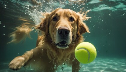 Spectacular portrait of a golden retriever chasing a tennis ball underwater
