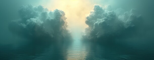 heavy clouds that are over a body of water, in the style of detailed atmospheric portraits, gray and cyan - obrazy, fototapety, plakaty