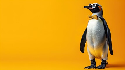 Penguin Glamour: Dive into our creative animal concept. A penguin flaunting high-end couture on a bright background. Ideal for birthdays and invites. Copy space for your message. - obrazy, fototapety, plakaty