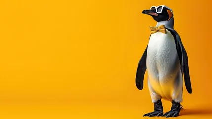 Poster Penguin Glamour: Dive into our creative animal concept. A penguin flaunting high-end couture on a bright background. Ideal for birthdays and invites. Copy space for your message. © Alex