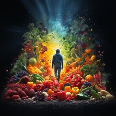 Rear view of a person walking among fruits and vegetables.