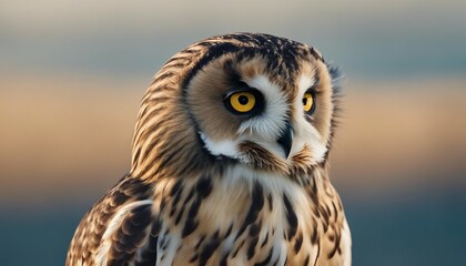 short eared owl portrait while flying on blue sky
