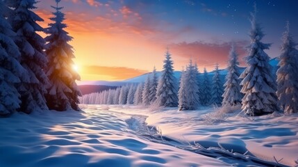 Fototapeta na wymiar Snowy forest landscape at sunset
