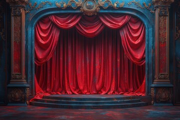  ornate stage with red drapes, in the style of dark tonality, organic art