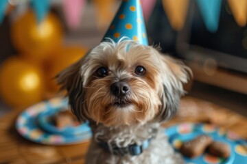 yorkshire terrier puppies in a party hat