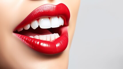 Close up view of beautiful woman lips with red lipstick and white teeth. - obrazy, fototapety, plakaty
