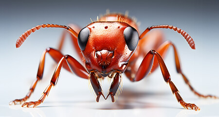 Head and eye of red ants are looking for food on white background. Close-up photography with macro...