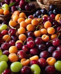 fresh raw fruits at bazaar - chestnuts, pomegranate, plums, etc; selections of colors and textures
